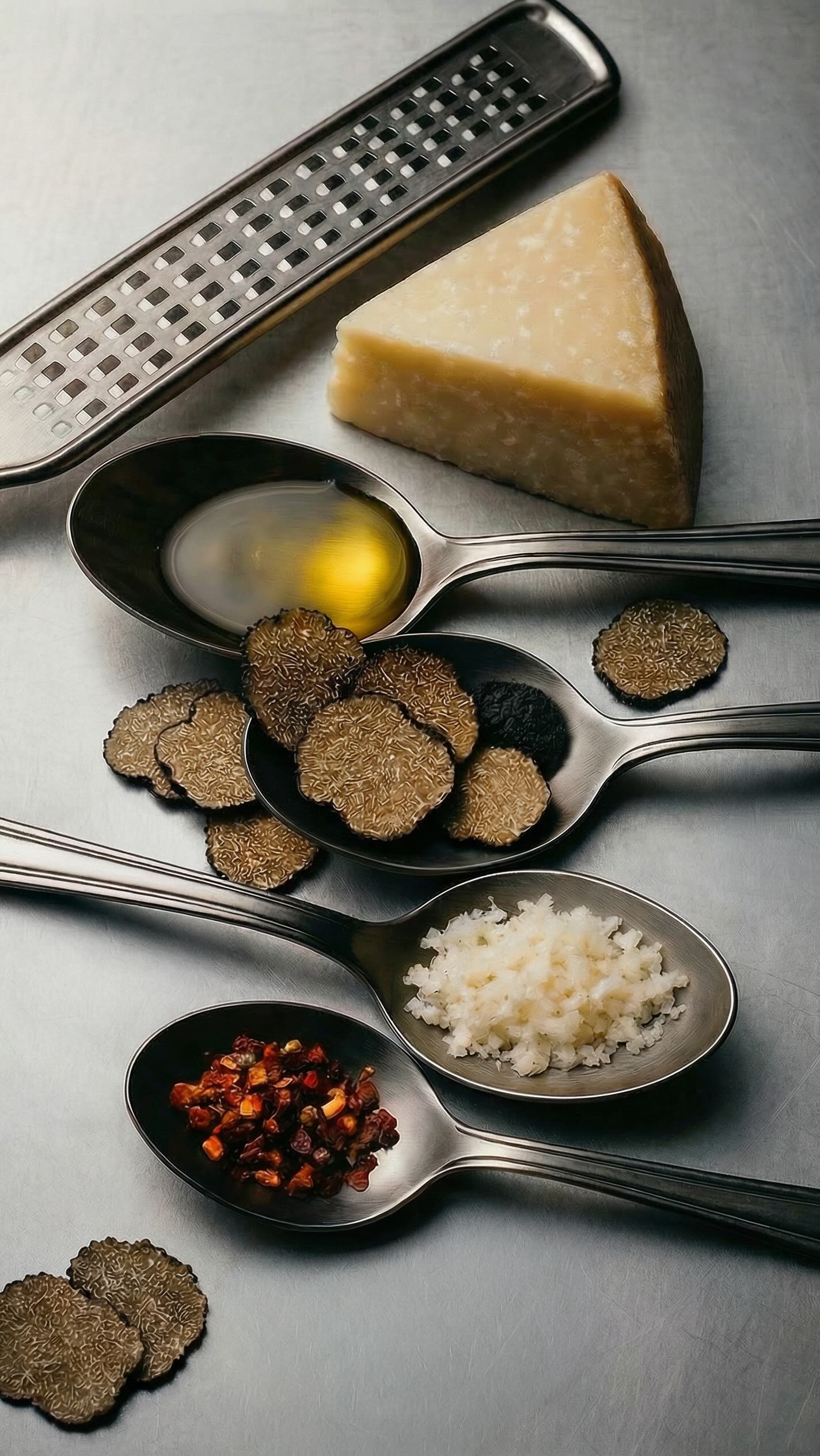 Mehrere Löffel mit schwarzen Trüffelscheiben, geriebenem Käse, Öl und Gewürzen